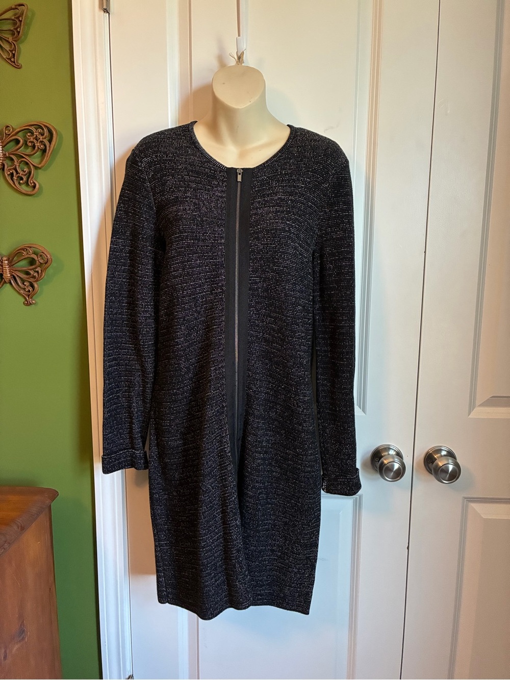 Talbots Women's L Black Marled Rayon Blend Long Sleeve Zip Front Cardigan